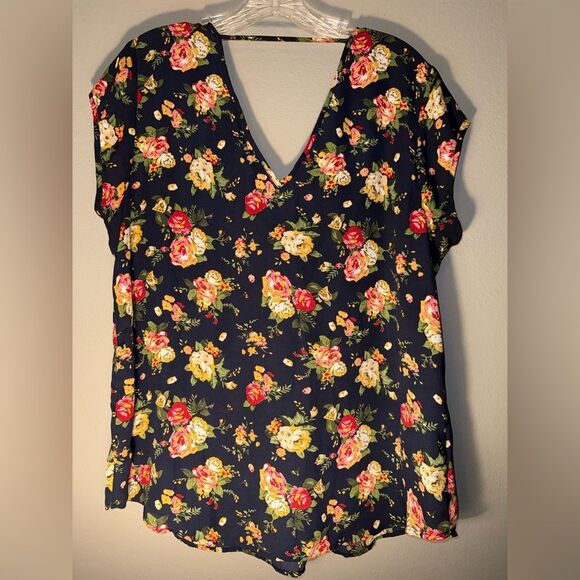 DR2 Navy Floral V-Neck Short Sleeve Blouse Large #724 - Picture 5 of 7